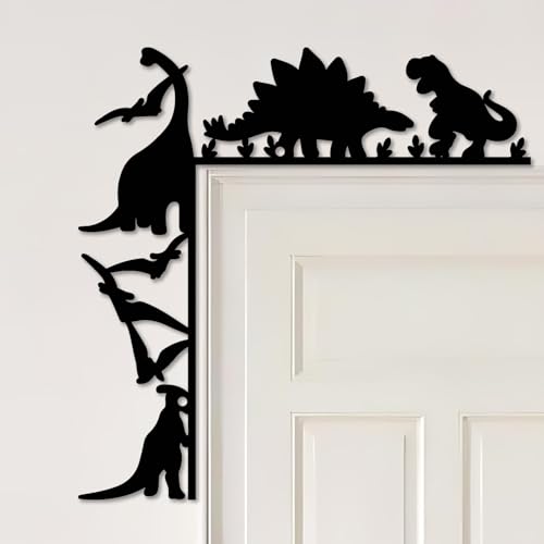 CREATCABIN Tür Eck Dekor Metall Dinosaurier Wandkunst Türaufsatz Schilder Silhouette Schwarzes Eisen Fensterrahmen Dekoration Wandbehang Ornament Für Schlafzimmer Kinderzimmer Zuhause Party 25x25cm von CREATCABIN
