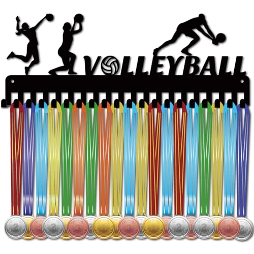 CREATCABIN Volleyball-Medaillen-Aufhänger,Medaillenhalter,Display-Aufhänger,Sport-Metall-Hängeathleten-Auszeichnungen,Eisen-Wandhalterung,Dekor Mit 20 Haken Für Wand,Wettbewerb,Schwarz,40x15cm von CREATCABIN