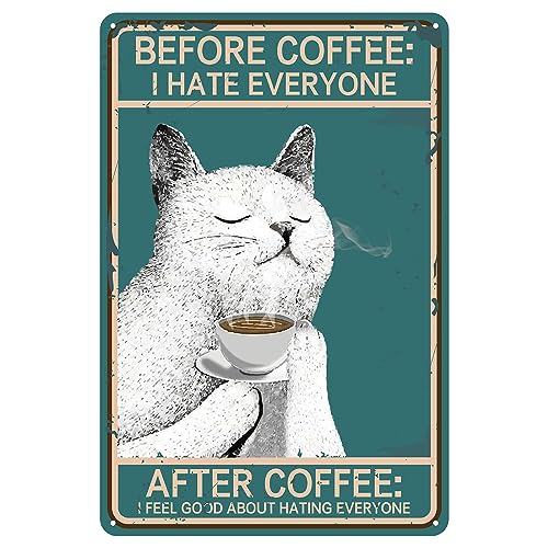 CREATCABIN Weiße Katze Blechschild Kaffee Metallschilder Vintage Plaketten Retro Poster Galerie Wandkunst Druck Dekor Hängende Eisenmalerei Zitaten Für Badezimmer Cafés Kneipen Geschenke 8x12inch von CREATCABIN