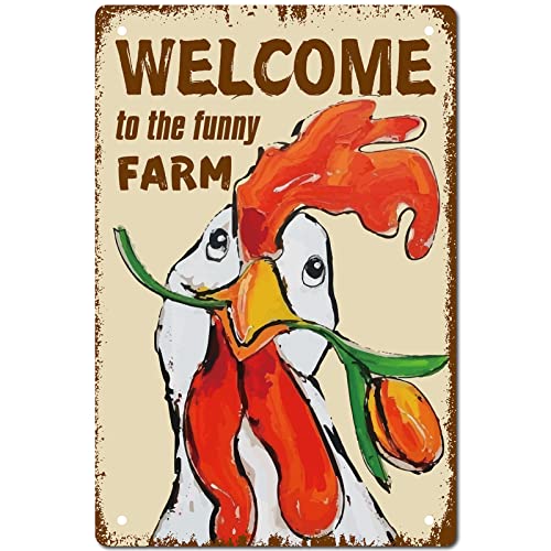 CREATCABIN Welcome to The Funny Farm Schild Huhn Blechschilder Retro Vintage Poster Wanddekoration Garage Bauernhaus Garten Bar Club Badezimmertür Hof Dekorationen, 8 x 12 Zoll von CREATCABIN