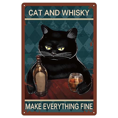 CREATCABIN Whiskey-Blechschilder,Schwarze Katze,Metallschild,Vintage-Plaketten,Galerie-Wandschilder,Retro-Poster,Kunstdruck,Dekor,Hängendes Eisengemälde Mit Zitaten Für Bar,Zuhause 8x12inch von CREATCABIN