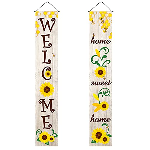 CREATCABIN Willkommensbanner Hängende Sonnenblume Home Sweet Bee Sommer Holz Stil Tür Dekor Veranda Schild Schwarz Für Indoor Outdoor Urlaub Home Veranda Wand Halloween Weihnachten 11.8 x 70.8 Zoll von CREATCABIN