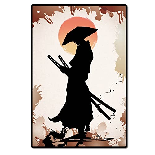 Creatcabin Ninja Metallschild Weißblech Japanische Samurai Vintage Schilder Plaque Untergehende Sonne Retro Indoor Outdoor Toilette Badezimmer Wanddekoration Hotel Ladentür Dekoration 8x12 Zoll von CREATCABIN