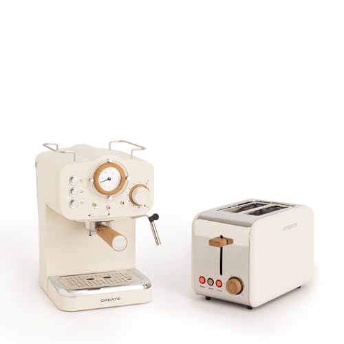 CREATE/PACK TOAST RETRO + THERA MATT RETRO/Espresso-Kaffeemaschine und Toaster für breite Scheiben, Creme/Verstellbare Tropfschale, Krümelfach, Thermostat, 6 Leistungsstufen von CREATE