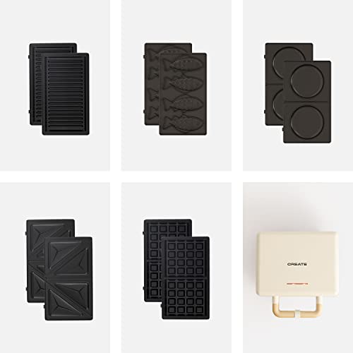 CREATE/STONE STUDIO/Doppelter Sandwichmaker und Grill in Cremeweiß / 5 austauschbare Platten: Grill, Waffel, Sandwich, Taiyaki und Pfannkuchen, 100º Öffnung, Retro-Stil, 800W von CREATE
