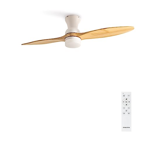 CREATE/WINDPROP/Deckenventilator Weiß Naturholzflügel mit Beleuchtung und Fernbedienung / 40W, Leise, Ø132cm, programmierbar von 1h bis 4h, 6 Geschwindigkeiten, DC-Motor, Sommer-Winterbetrieb von CREATE