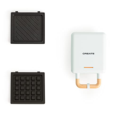 CREATE/STONE STUDIO/Sandwichmaker und Waffeleisen in Pastellblau / 2 austauschbare Antihaftplatten, 1 Scheibe, 100º Offnung, BPA-frei, 1 Scheibe, 105º Öffnung, Cool-Touch-Griff, 600W von CREATE