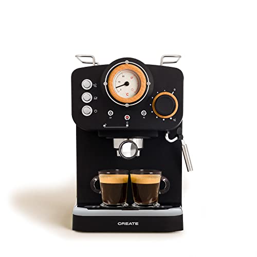 CREATE / THERA MATT RETRO/Espressomaschine Schwarz Matt und Holz/Halbautomatisch, mit einer 15 bar Druckpumpe und 1100W Leistung, 1,25L Wasserbehälter, für gemahlenen Kaffee, ESE- Pads von CREATE