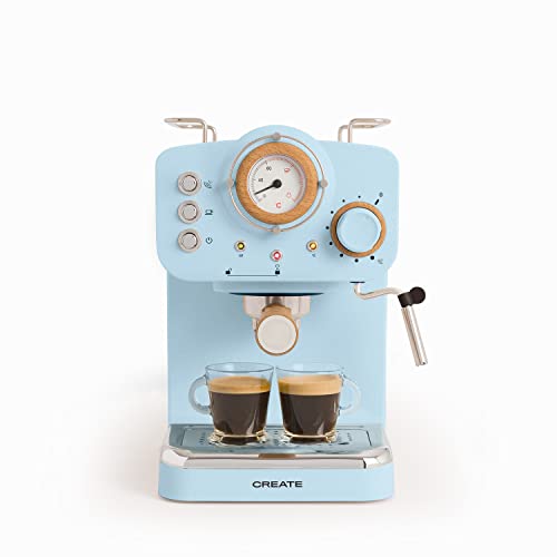 CREATE / THERA RETRO/Halbautomatische Espressomaschine Pastellblau Matt und Holz / 20bar Druckpumpe, 1100W, 1.25L Wasserbehälter, für gemahlenen Kaffee, 55mm ESE-Pads, mit Dampfgarer, 1100W von CREATE