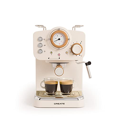 CREATE / THERA MATT RETRO/Espressomaschine Cremeweiß Matt und Holz/Halbautomatisch, mit einer 15 bar Druckpumpe und 1100W, 1,25L Wasserbehälter, für gemahlenen Kaffee, 55 mm. ESE- Pads von CREATE