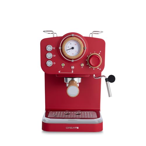 CREATE / THERA RETRO/Halbautomatische Espressomaschine Rot Matt und Holz / 20bar Druckpumpe, 1100W, 1.25L Wasserbehälter, für gemahlenen Kaffee, 55mm ESE-Pads, mit Dampfgarer, 1100W von CREATE