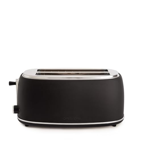 CREATE/TOAST RETRO STYLANCE XL/Schwarzer Toaster / 6 Leistungsstufen, Krümelschublade, Thermostat, Auftauen, Aufwärmen, 2 breite Scheibenschlitze, 1500W von CREATE