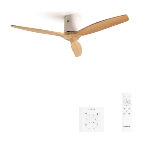 CREATE / WINDCALM M/Deckenventilator ABS Weiß Hellesholzflügel-Optik mit Fernbedienung und Wandschalter / 40W, Leise, Ø132cm, Timer von 1 bis 4 Std., DC-Motor, Sommer-Winterbetrieb von CREATE