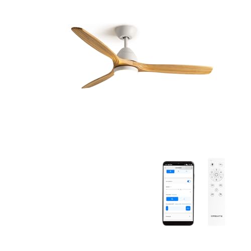 CREATE / WINDCUP/Deckenventilator Weiß Naturholzflügel mit Fernbedienung, WLAN und Beleuchtung / 40W, Ø132cm, DC-Motor, Leise, 6 Geschwindigkeiten, Sommer-Winterbetrieb von CREATE