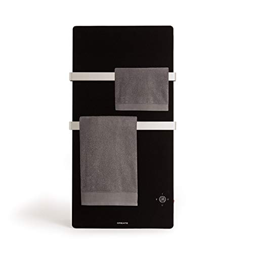 CREATE / WARM Towel Crystal/Elektrischer Badheizkörper Schwarz aus 1cm Glas mit Fernbedienung / 110x1.3x55cm, 600W, WLAN, Ultradünn, 2 Handtuchhaltern, geringer Verbrauch, LED-Display, Timer, IP34 von CREATE