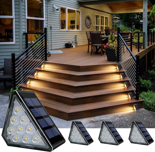 CREATESTAR Solar Treppenlicht für Außen, 4 Stück 3000K Warmweiß Solarlampen mit IP67 Wasserdichtem, LED Solar Treppenleuchte für Vordertreppe,Veranda,Terrasse,Garten und Hinterhof von CREATESTAR