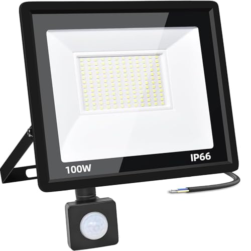 CREATESTAR LED Strahler Außen 100W mit Bewegungsmelder, Baustrahler 10000LM Außenstrahler 6500K Kaltweiß Scheinwerfer IP66 Wasserdicht, LED Fluter für Lager Garage Sportplatz Garten Hof Parkplatz von CREATESTAR