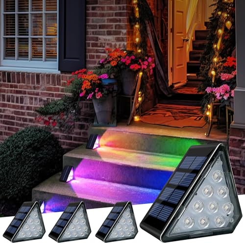 CREATESTAR Solar Treppenlicht, 4 Stück RGB Solarlampen für Außen Garten mit IP67 Wasserdichtem, LED Solarleuchten Außen für Treppe,Vordertreppe,Veranda,Terrasse,Garten und Hinterhof von CREATESTAR