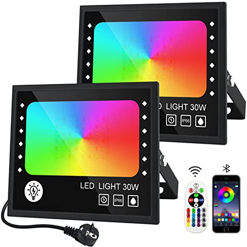 RGB Strahler 30W, RGB LED Strahler 2er mit 16 Millionen Farben 28 Modi Farbwechsel Dimmbar, Fernbedienung und APP Kontrolle RGB Fluter IP66 Wasserdicht Außenstrahler für Garten Party Aussen Baum von CREATESTAR