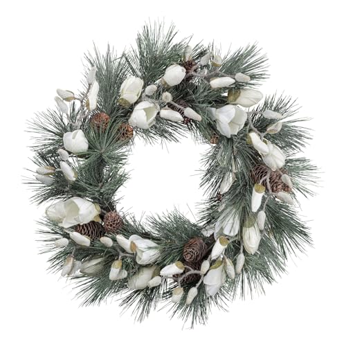 CREATIV green Magnolien-Kranz 51cm I Weihnachtskranz mit naturgetreuen Blüten & Zapfen I hochwertige Weihnachtskranz Deko mit Frost I Türschmuck Weihnachten ideal als Indoor Weihnachtsdeko von CREATIV green