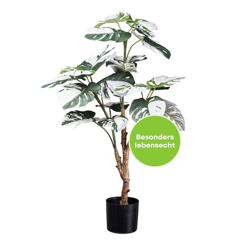 CREATIV green Monstera Deliciosa Variegata 80cm künstliche Topfpflanze mit 21 Blättern & Topf in Schwarz von CREATIV green