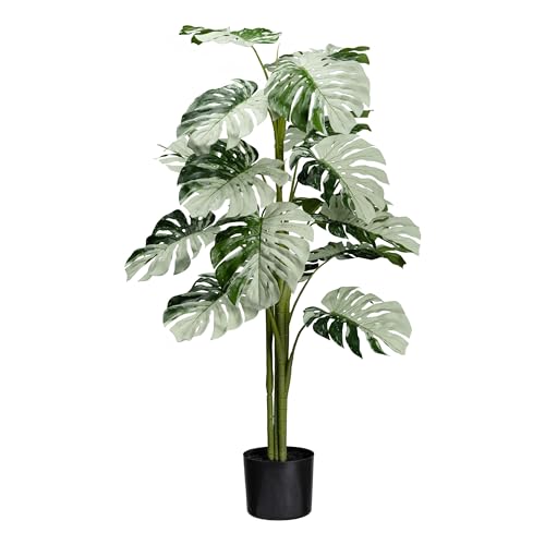 CREATIV green Monstera Pflanze künstlich 115cm I Monstera Halfmoon mit Erde & Topf in schwarz I täuschend echte Kunstpflanzen I Pflegeleichte Monstera Kunstpflanze mit 16 weiß-grünen Blättern von CREATIV green