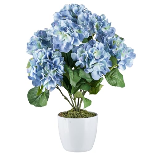 CREATIV green künstliche Blaue Hortensie 52 cm im weißen Keramiktopf I naturgetreue Hortensie im Topf I künstliche Hortensie wie echt mit 7 blauen Blüten für Innen I hochwertige Dekopflanze von CREATIV green
