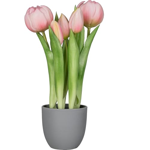 CREATIV green künstliche Tulpen im Topf 20,5 cm I 5 rosa Tulpen I künstliche Tulpen I Frühlings-Deko I Deko für Ostern I hochwertige Kunstblumen I Kunststoffblumen von CREATIV green