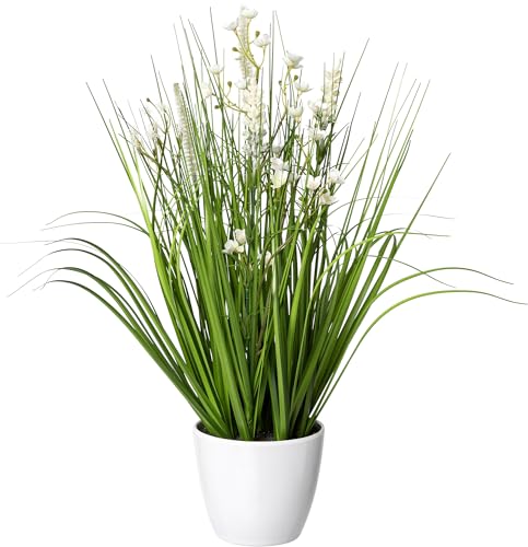 CREATIV green künstlicher Blüten-Gras-Mix im Topf 46cm I künstliches Dekogras mit weißen Blüten als Frühlingsdeko I Ziergras Osterdeko I hochwertige & dekorative Kunstgräser von CREATIV green