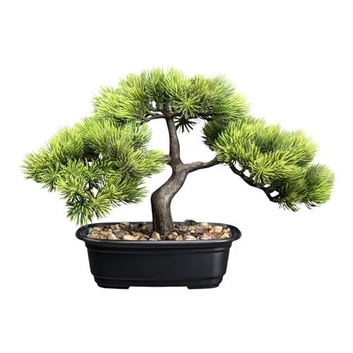CREATIV green künstlicher Bonsai Kiefer Baum 23 x 30cm I Bonsai Baum künstlich mit Kunststoff-Topf 17 x 10 x 5,5cm in schwarz I künstliche Pflanzen als Wohnzimmer Deko I Kunstpflanze Bonsai mit Kies von CREATIV green