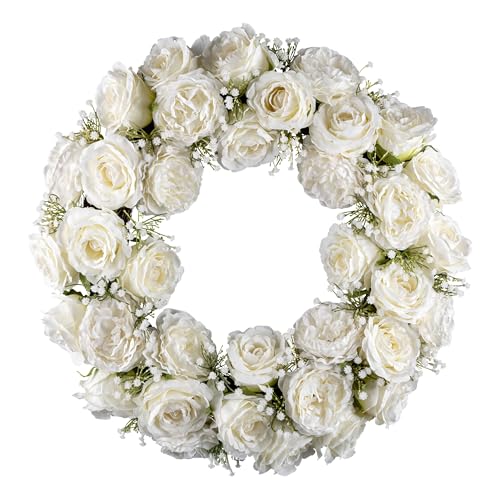 CREATIV green künstlicher Rosen-Kranz 49cm in Creme I künstlicher Kranz mit Rosen aus Textil und künstlichem Schleierkraut I Kunstblumen-Deko für Hochzeit, Kommunion, Taufe I hochwertiger Blütenkranz von CREATIV green