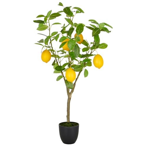 CREATIV green künstlicher Zitronenbaum 90cm I Künstlicher Zitronenbaum mit 5 Zitronen im Topf 14x13cm I mediterraner Kunstbaum mit naturgetreuen Blättern & Zitronen I hochwertige Kunstpflanzen von CREATIV green