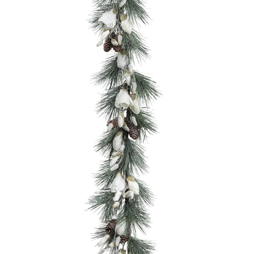 CREATIV green künstliche Magnolien-Girlande 175cm I hochwertige Girlande Weihnachten mit naturgetreuen Nadeln/Zapfen & Blüten in weiß I schicke Weihnachtsgirlande ideal als Indoor Weihnachtsdeko von CREATIV green