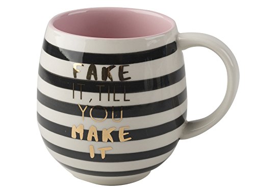 CREATIVE TOPS Fake It Til You Make It Bedruckter Gestreifter Kaffeebecher aus Keramik, 450 ml (16 Flüssigunzen) von CREATIVE TOPS