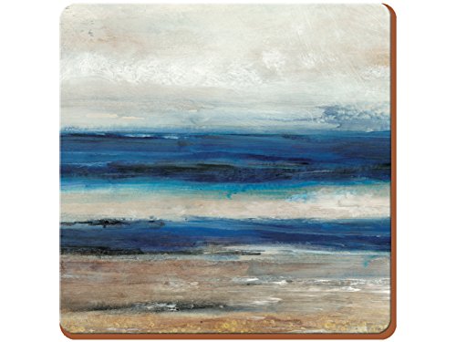 KitchenCraft Creative Tops Untersetzer 6er Set, hochwertige Holzuntersetzer mit Korkrücken und abstraktem Meeresmotiv, 10,5cm (4"), 4er Set, Blau von CREATIVE TOPS