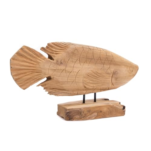 CREEDWOOD Fisch SKULPTUR Root Fish | Teakholz, 55 cm | Wurzelholz Figur, Treibholz Skulptur, Holz Fisch auf Sockel, Maritime Deko Figur, Fisch Aufsteller mit Schnitzereien von CREEDWOOD