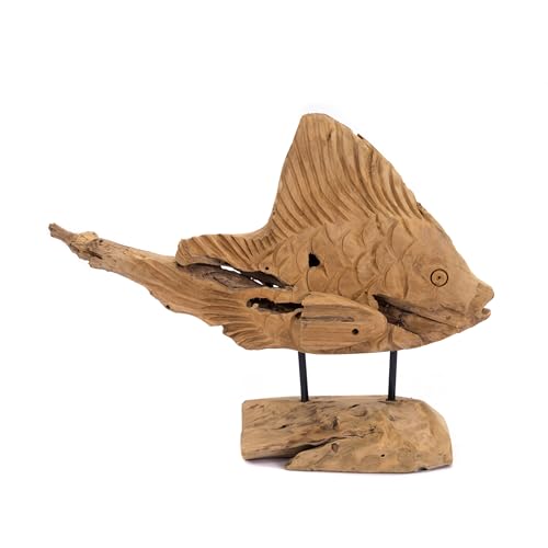 CREEDWOOD Geschnitzte SKULPTUR Atlantis | 55 cm, Teakholz | Martitime Fisch Figur, Wurzelholz Fisch, Teakfigur auf Holz Sockel, Holzskulptur, Fischstatue, Fisch Deko Objekt von CREEDWOOD