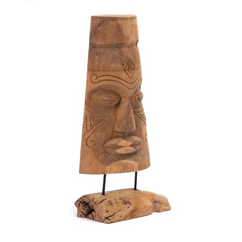 CREEDWOOD Holz Maske Tiki | 40 cm, Massivholz | Tiki Skulptur, Holz Figur auf Sockel, Woru Statue, handgeschnitzte Tiki Dekofigur, Hawaii Tiki Statue, Woru Deko Maske von CREEDWOOD