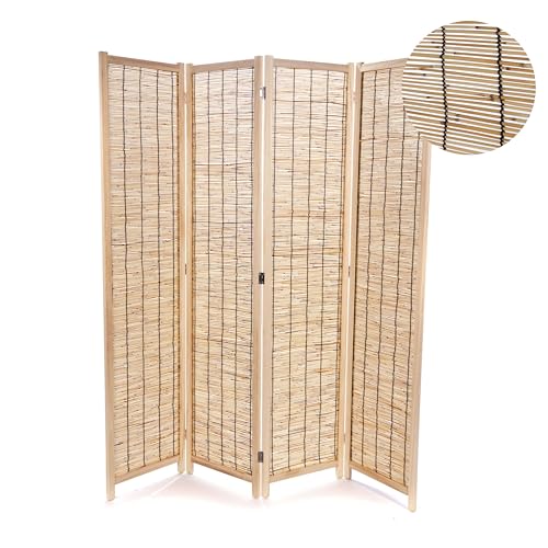 CREEDWOOD RAUMTEILER Gran Playa | 170x160 cm, 4-teilig, Schilfrohr, Holz | Natur Paravent, Faltbarer Sichtschutz, Trennwand, große Stellwand, Faltwand, Mobile Stellwand | Farbe: Natur von CREEDWOOD