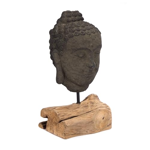 CREEDWOOD SKULPTUR Buddha | 45 cm, Beton | Buddha Figur auf Holz Sockel, Buddha-Kopf Statue, Deko Figur, Dekoobjekt Buddha, lächelnde Buddhafigur, Buddhastatue von CREEDWOOD