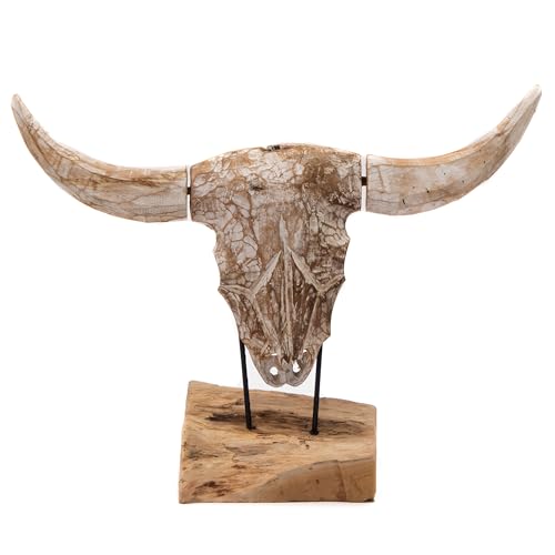 CREEDWOOD SKULPTUR Toro | Teak, 52 cm | Stierkopf Figur, Deko Schädel, Stierschädel auf Sockel, Standfigur Bullenschädel, Holz Geweih, Longhorn Deko Trophäe von CREEDWOOD