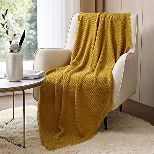 CREVENT Farmhouse Boho Knitted Throw Blanket for Couch Sofa Chair Bed Home Decoration, Soft Warm Cozy Light Weight for Spring Summer Fall (50''X60'' Mustard/Yellow) von CREVENT