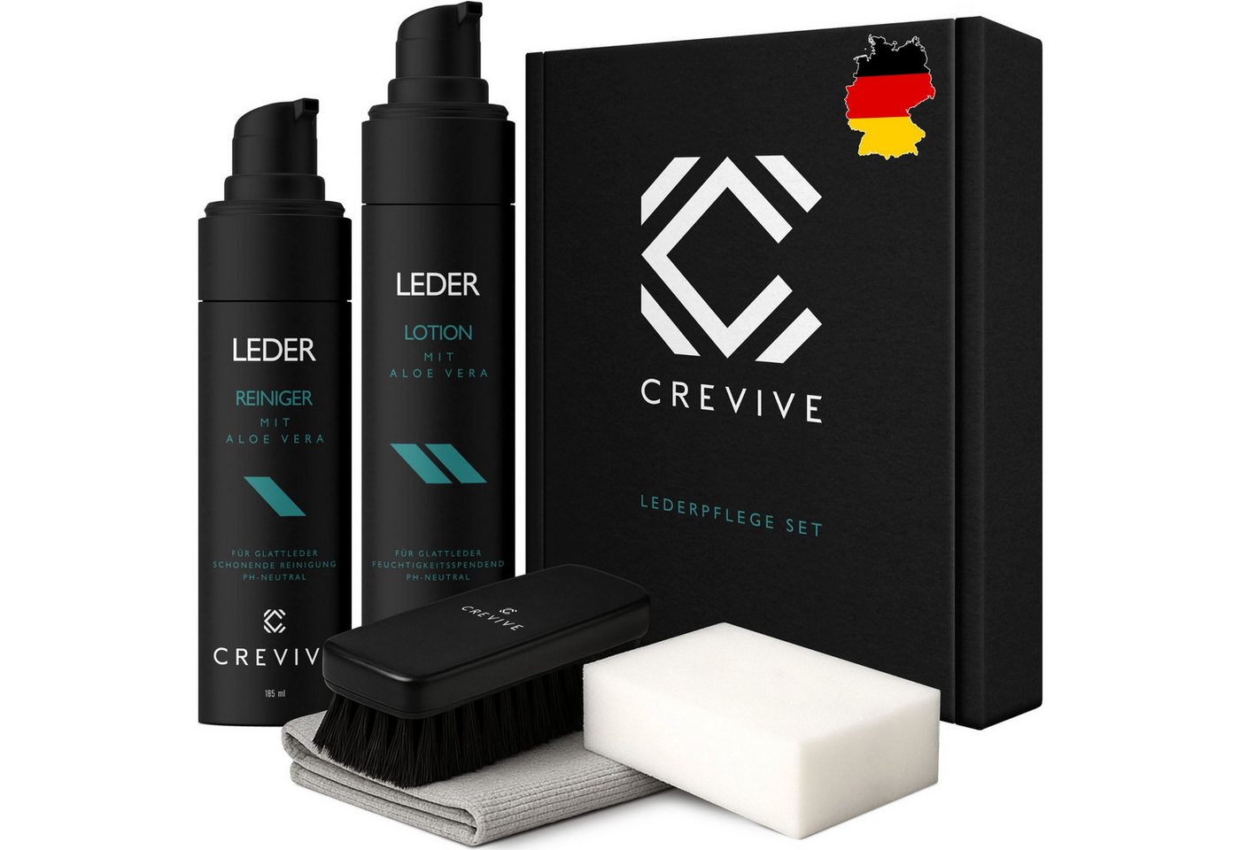 CREVIVE Auto Lederpflegeset (SPARSET, 1x Lederreiniger + 1x Lederpflege + 1x Bürste + 1x Schwamm + 1x Tuch), mit Aloe Vera, Lederpflege Auto, Lederreiniger Auto von CREVIVE
