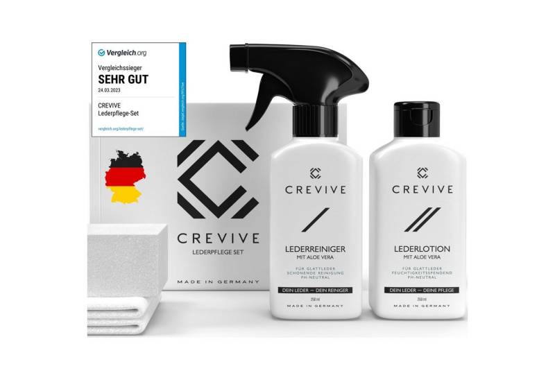 CREVIVE Lederpflegeset (SPARSET, Lederreiniger + Lederpflege + 1x Schwamm + 2x Tuch), mit Aloe Vera, Lederpflege Sofa, Lederpflege für Ledercouch, Auto von CREVIVE