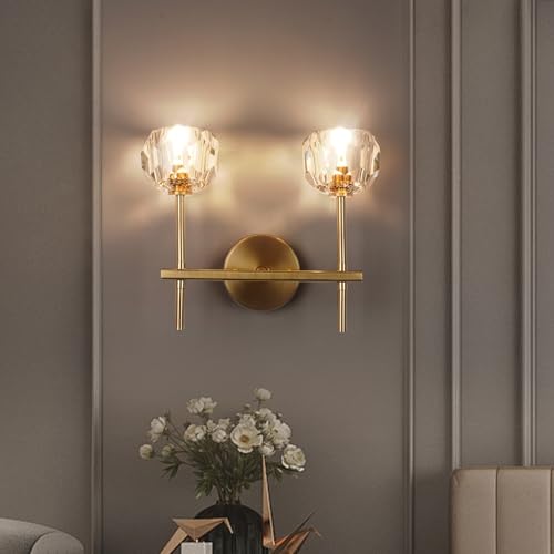 CRFASIBE 2 Flammige Kristall Wandleuchte Innen, Moderne Wandleuchte Gold, G9 Kreative Wandbeleuchtung Für Wohnzimmer Schlafzimmer Esszimmer (Ø9cm) von CRFASIBE