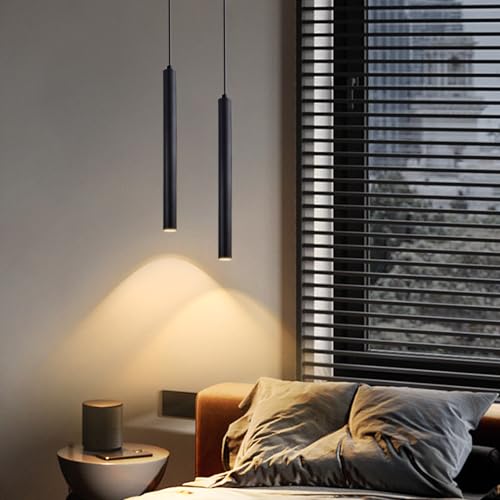 CRFASIBE 2 Stück LED Pendelleuchte, 3W 3000K Warmweiß Kücheninsel Pendelleuchte, Schwarzer Zylinder Kronleuchter Hängelampe für Schlafzimmer Wohnzimmer Bar Theke von CRFASIBE