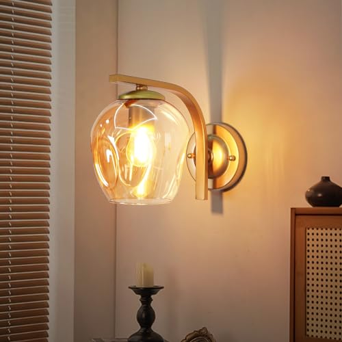 CRFASIBE Moderne Glas Wandleuchte, Vintage Gold Wandleuchte Innen, E27 Retro Glas Lampenschirm für Wohnzimmer Schlafzimmer Badezimmer Treppenhaus Flur von CRFASIBE