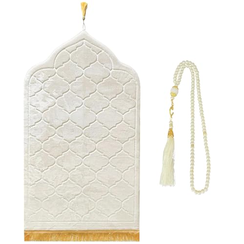 CRFASIBE Muslimischer Gebetsteppich Set mit Tesbih Gebetskette, Flanell Gebetsmatte, Islamische Sajadah Geprägte Gebetsteppich mit Fransen, Eid Ramadan Geschenk Set(Beige) von CRFASIBE