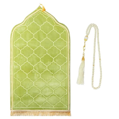 CRFASIBE Muslimischer Gebetsteppich Set mit Tesbih Gebetskette, Flanell Gebetsmatte, Islamische Sajadah Geprägte Gebetsteppich mit Fransen, Eid Ramadan Mubarak Geschenk Set(Grün) von CRFASIBE