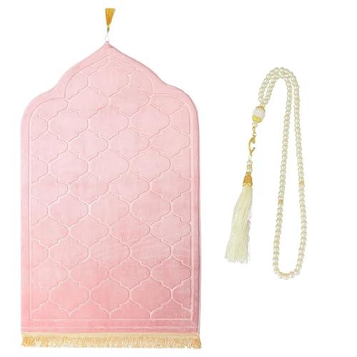 CRFASIBE Muslimischer Gebetsteppich Set mit Tesbih Gebetskette, Flanell Gebetsmatte, Islamische Sajadah Geprägte Gebetsteppich mit Fransen, Ramadan Geschenk Set(Rosa) von CRFASIBE